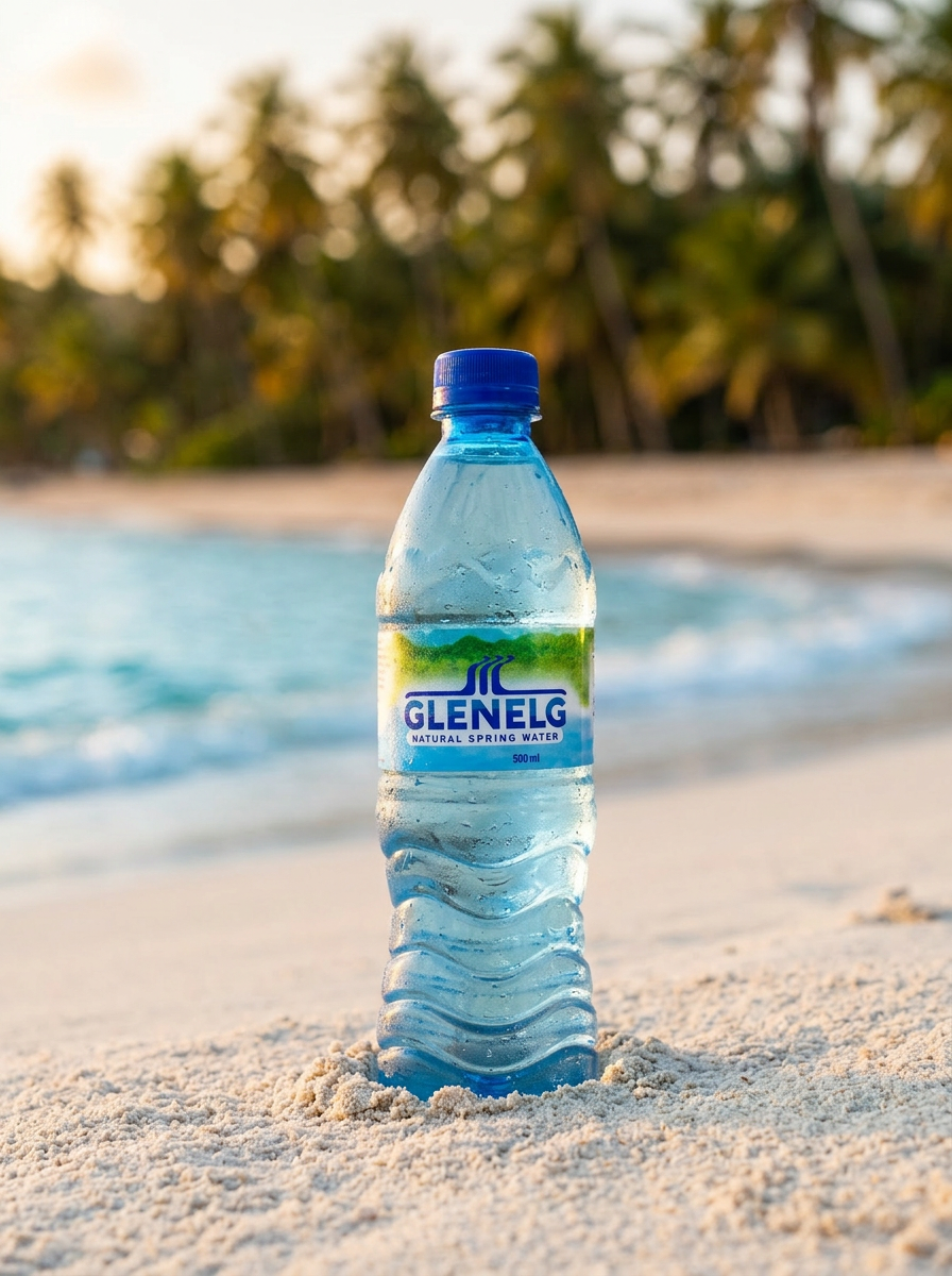 Glenelg bottle in the white sand at Grand Anse beach