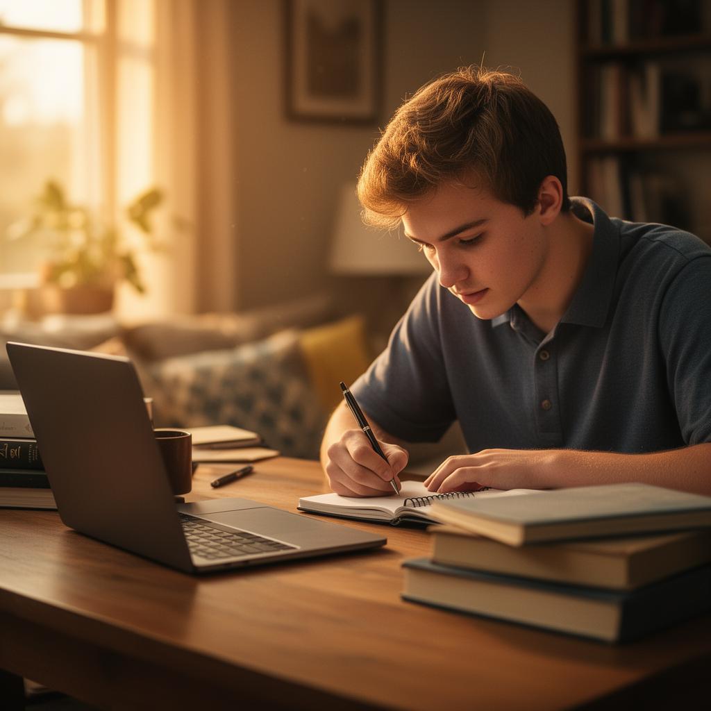 Male student studying at home with laptop and books